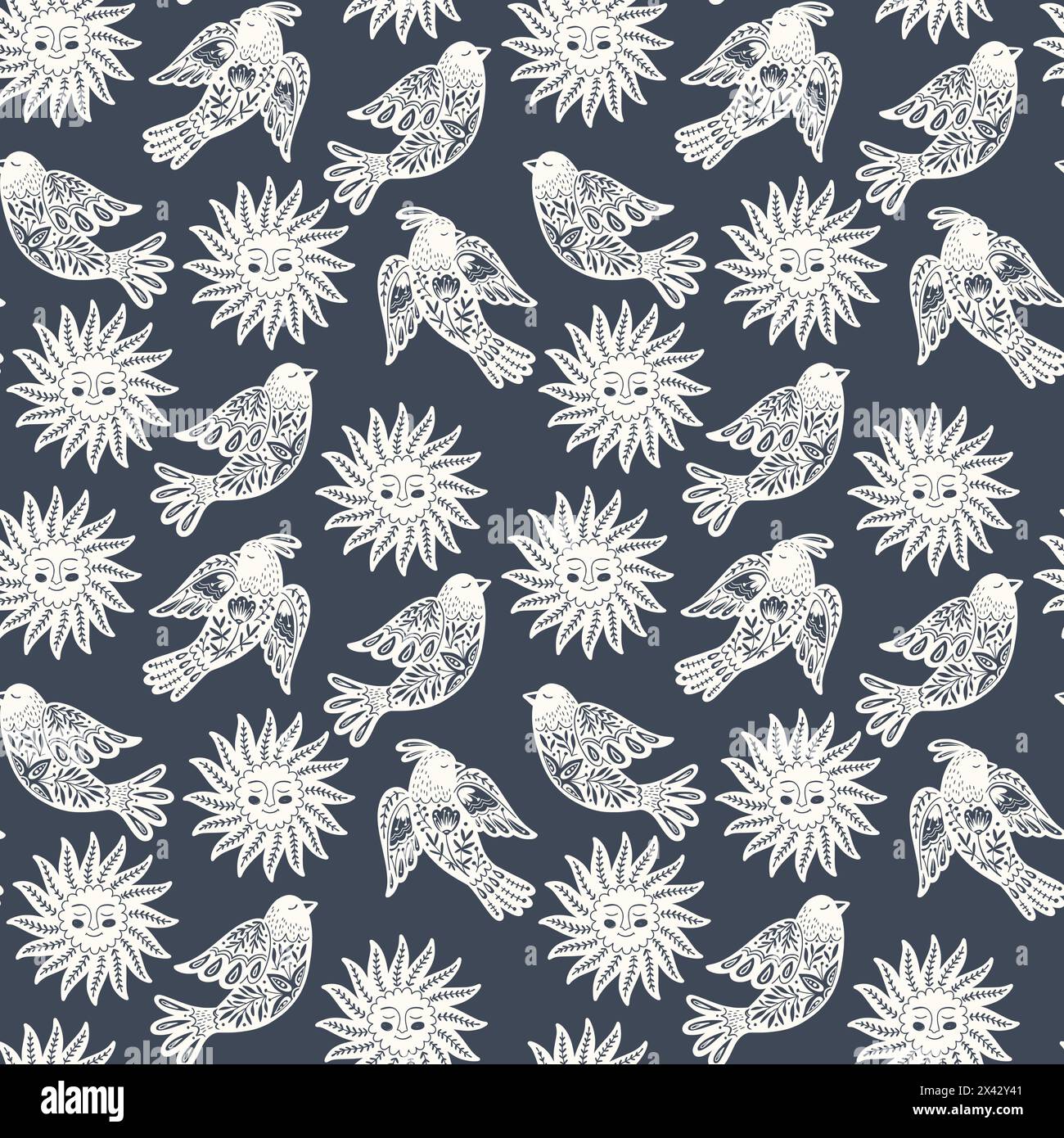 Scandinavian seamless folk art pattern with birds and sun in Nordic design. Retro floral background inspired by Swedish and Norwegian traditional folk Stock Vector