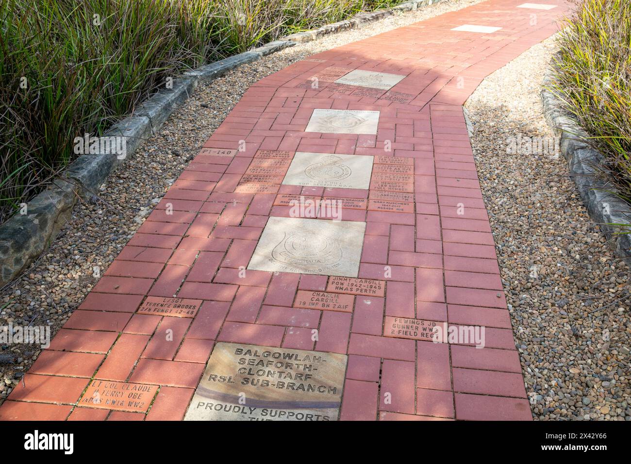 Memorial Walk North Head, Pavers walkway are inscribed with the names and messages of those who have served in the Navy, Army, Air Force,Merchant Navy Stock Photo