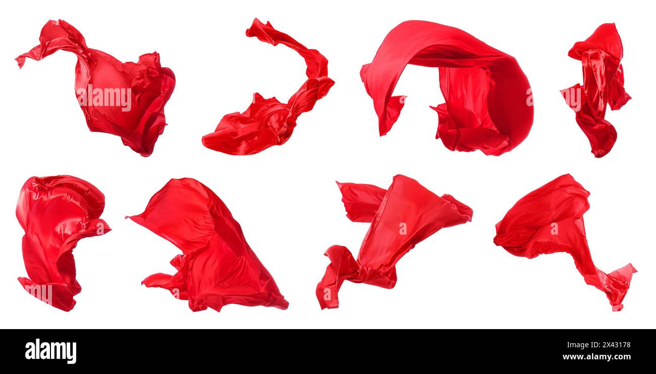 Set of flying red fabric on white background Stock Photo