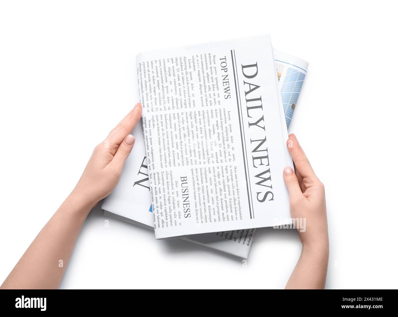 Female hands with different newspapers on white background Stock Photo