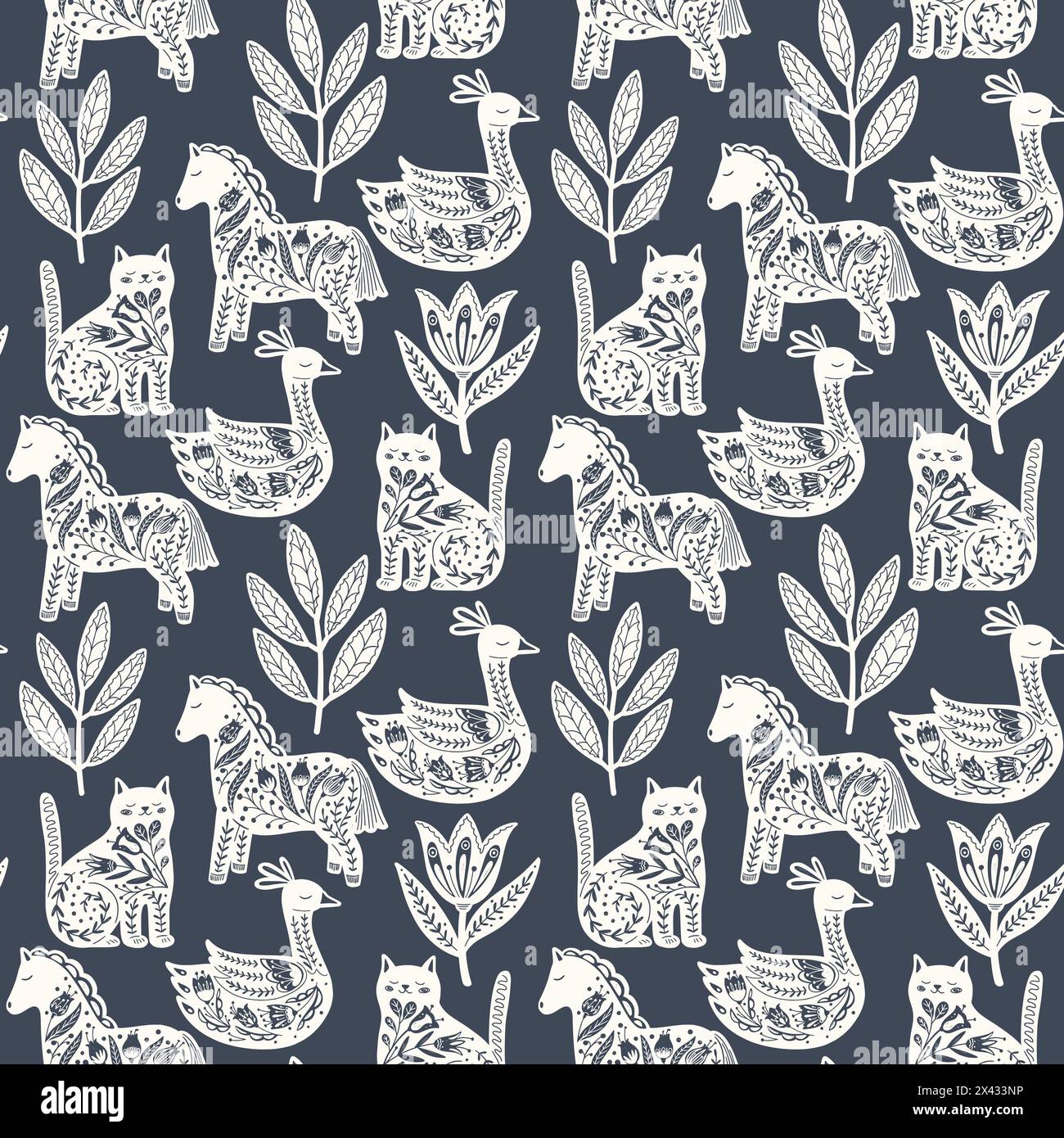 Scandinavian seamless folk art pattern with cute animals in Nordic design. Retro floral background inspired by Swedish and Norwegian traditional folk Stock Vector