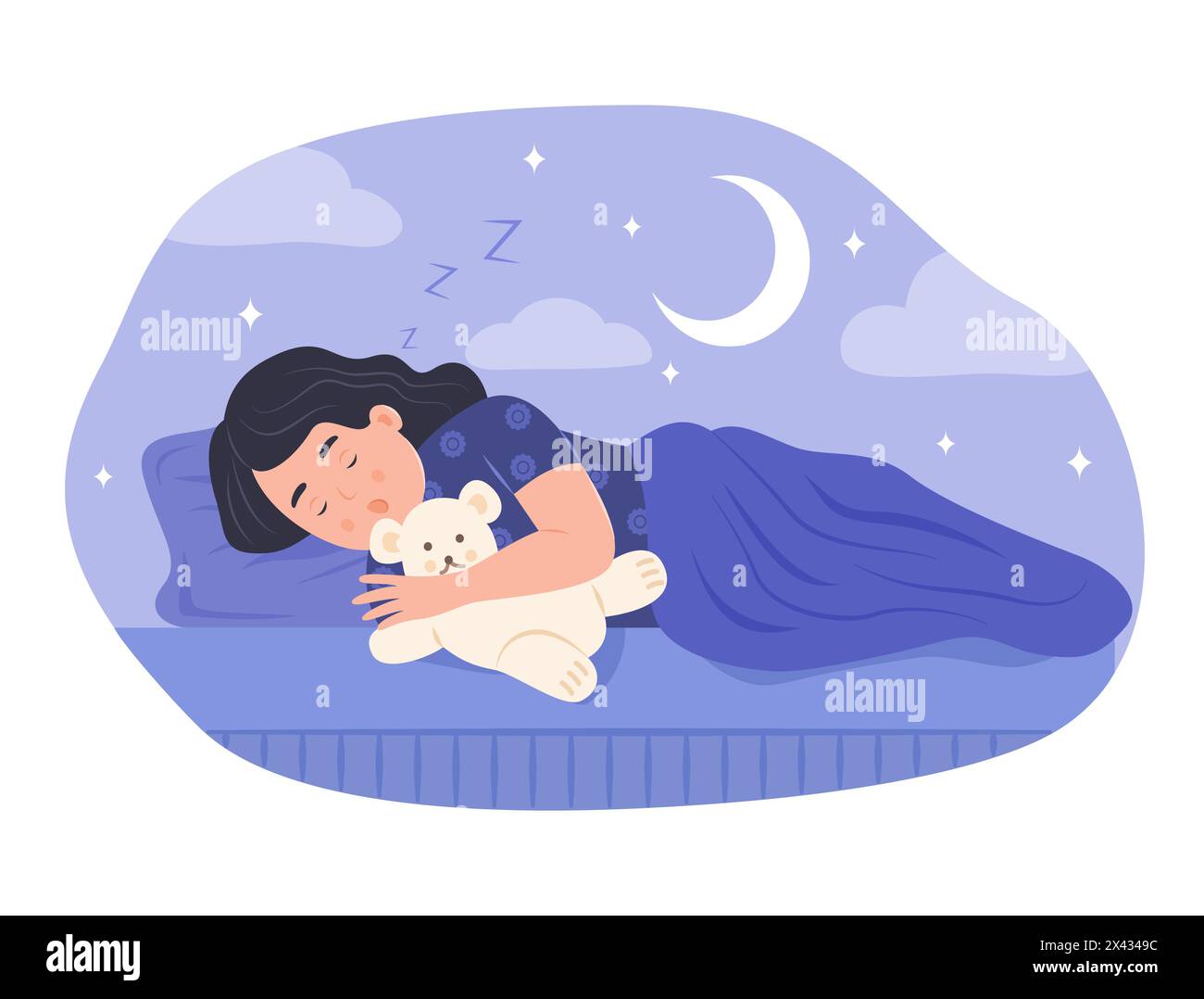 Cute Kid Girl Hugging Teddy Bear and Sleeping in Bed at Night Stock Vector
