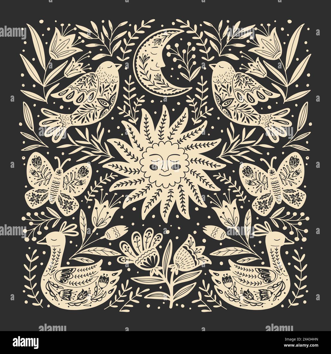 Monochrome set of elements in Scandinavian style for modern posters and prints. Nordic Flora and fauna folk patterns. Vector illustration Stock Vector