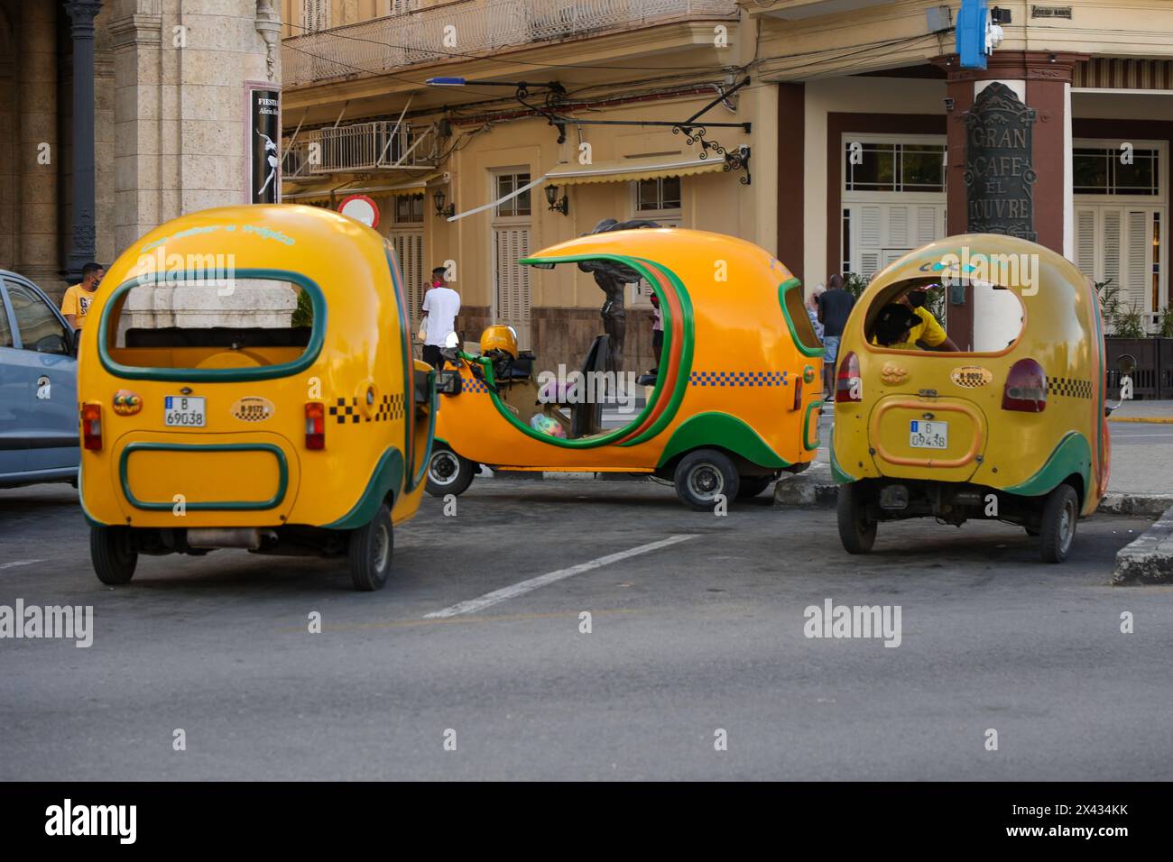 Havana, Cuba, 01.03.2021: Yellow coco taxi's in the center of Havana, Cuba Stock Photo