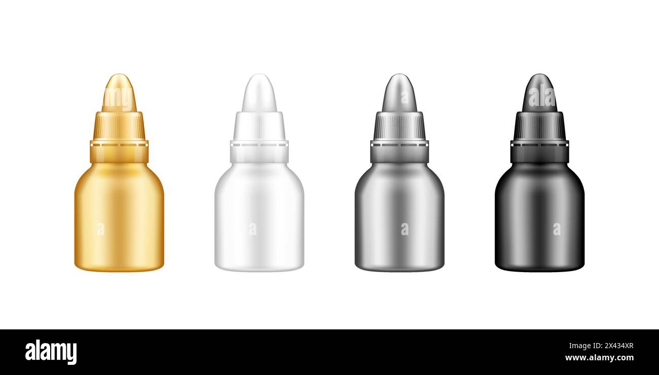 Set of plastic drop bottle with lid mockup. Blank golden, silver, blak and white medicine or cosmetic package for eye, ear or nose drops. Product cont Stock Vector