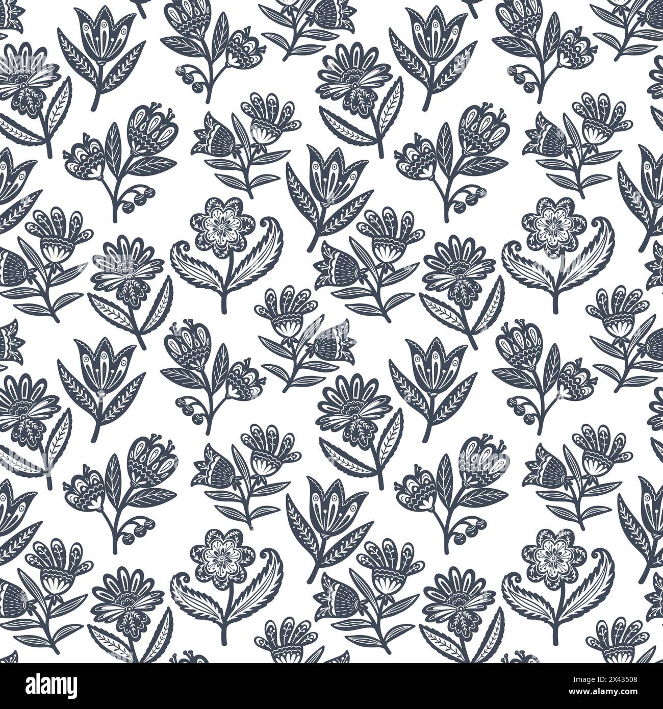 Scandinavian seamless folk art pattern with decorative flowers in Nordic design. Retro floral background inspired by Swedish and Norwegian traditional Stock Vector