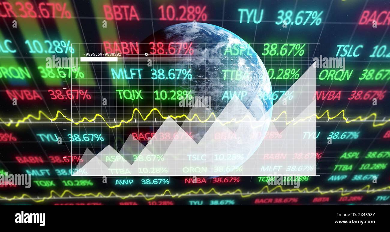 Image of statistics and financial data processing over globe on black background Stock Photo