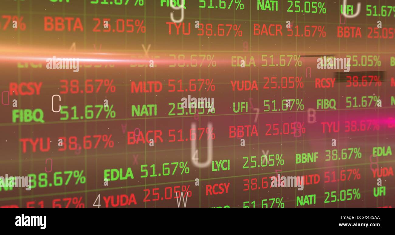 Image of letters and financial data processing over black background Stock Photo