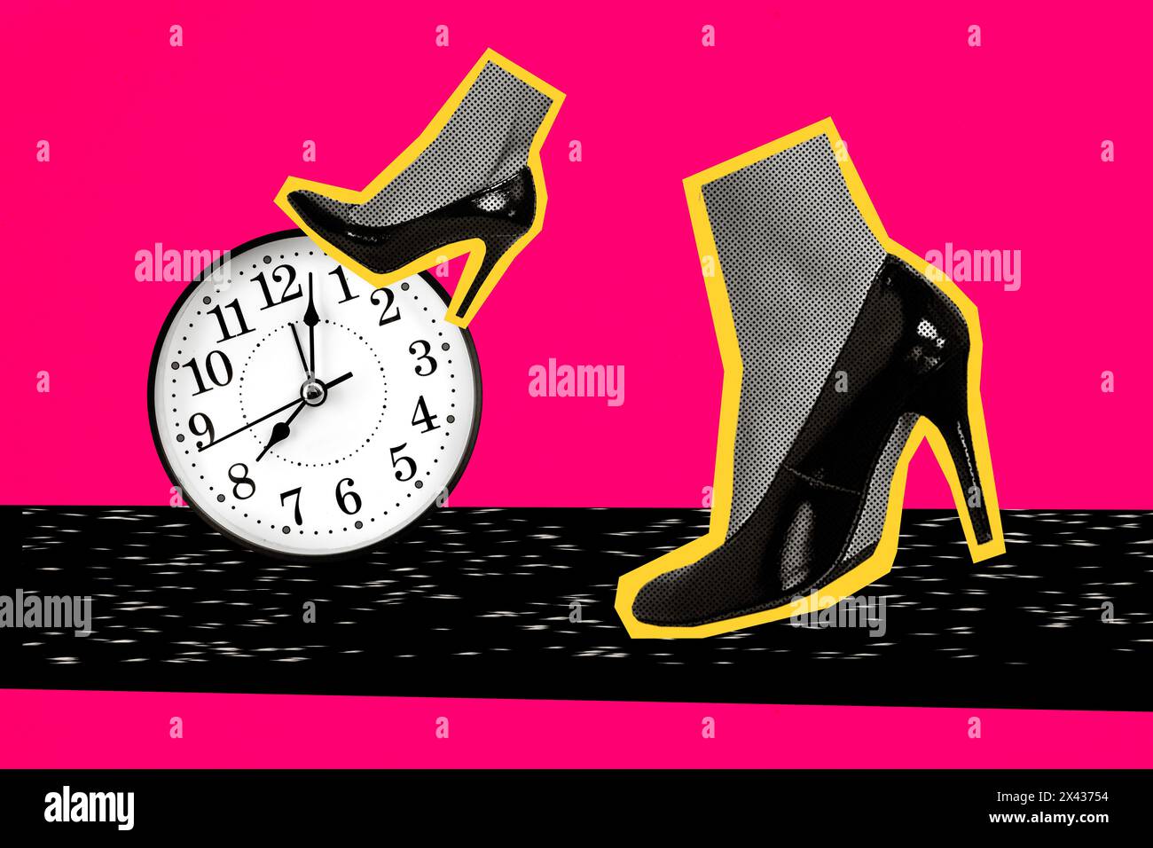 Sketch image composite trend artwork photo collage of two woman fashion style legs wear high heels walk step on huge clock show time Stock Photo