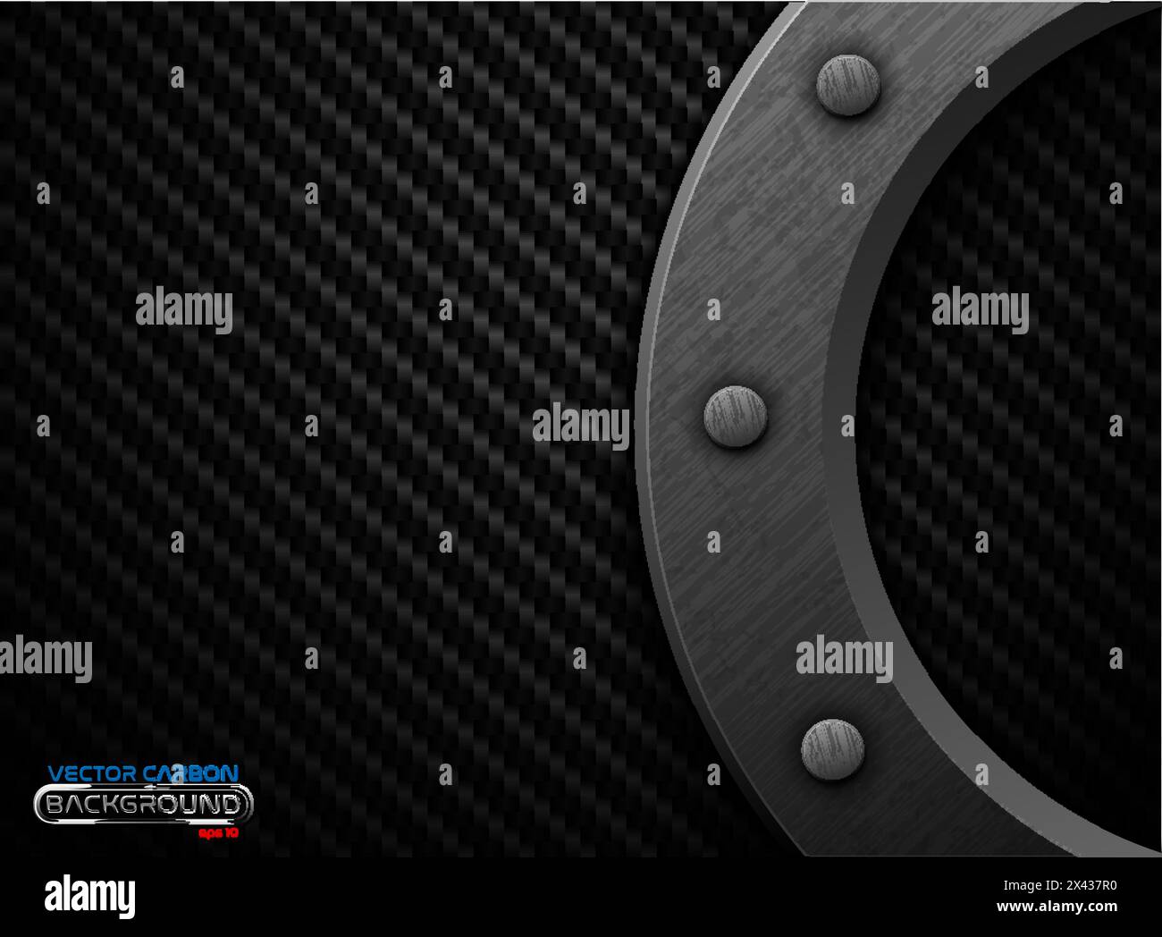 Vector black carbon fiber background with dark grunge metal ring and rivet. Scratched riveted surface heavy industrial design illustration Stock Vector