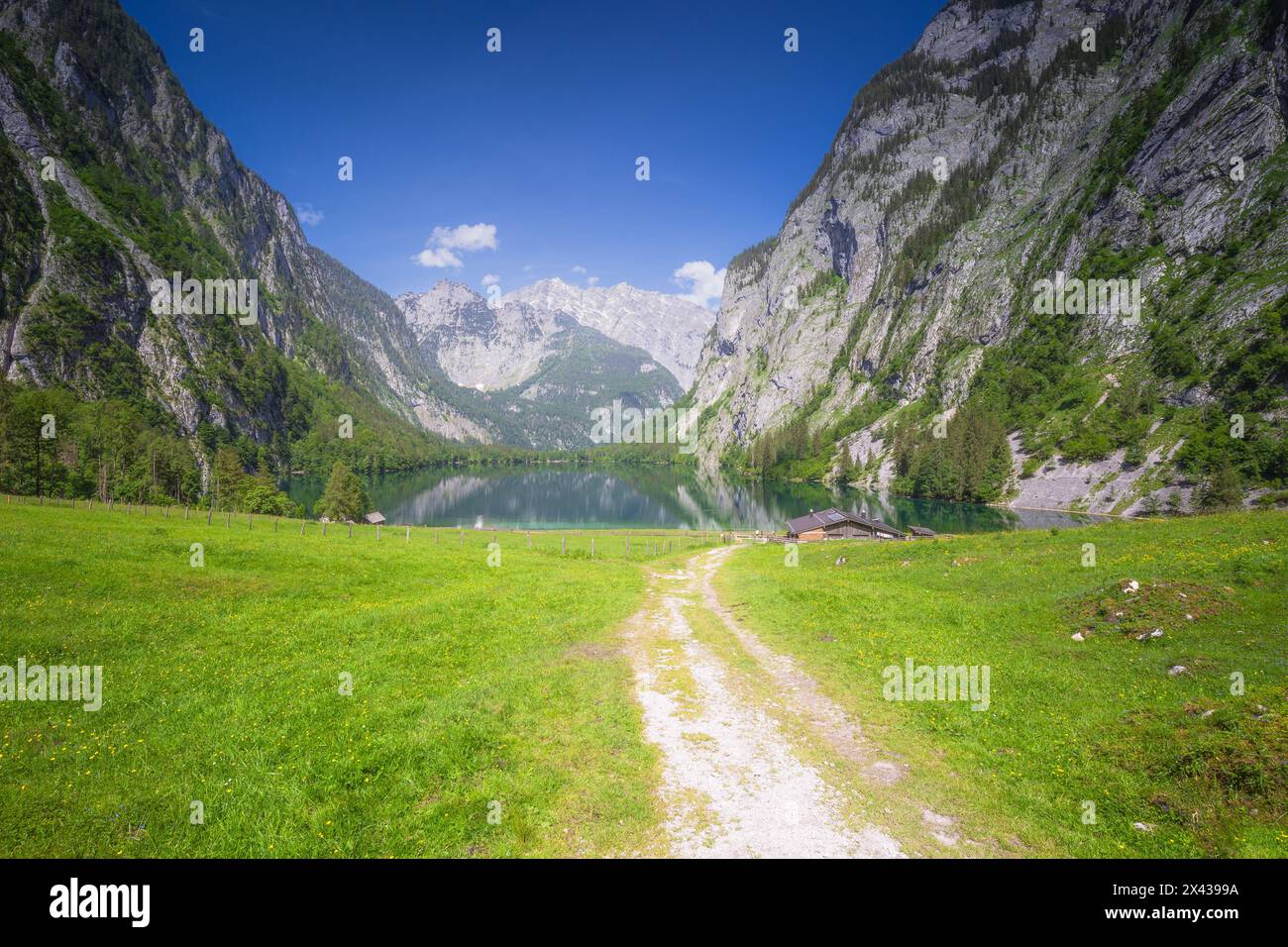 Beautiful view of mountain valley with tracks near Obersee lake in Berchtesgaden National Park, Upper Bavarian Alps, Germany, Europe. Beauty of nature Stock Photo