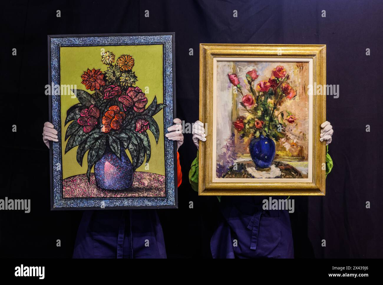 Olympia auctions, London, Uk, 30 April 2024 (R) Sabry Helmy Ragheb (Egyptian 1920-2000) Flowers in ablue Vase signed and dated in English and Arabic Sabry 1994 centre right oil on canvas Est £800-1200 (L)Sabry Helmy Ragheb (Egyptian 1920-2000) Flowers ina Blue Vase, signed and dated in English and Arabic Sabry 1994 centre right oil on canvasEstimate £800 - £1200 Since May 2023, Olympia Auctions has been delighted to sell quality works by artists in Africa and the Middle East via dedicated sales run by highly regarded expert Janet Rady. Auction 1st of may 12:00. Paul Quezada-Neiman/Alamy L Stock Photo