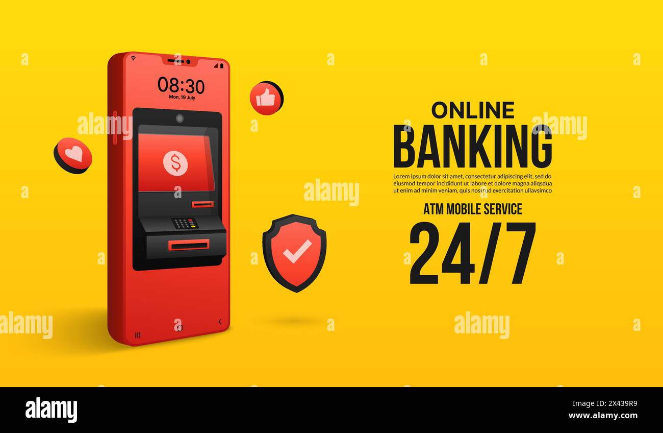 Automated teller machine on smartphone screen, Online money transfer ...