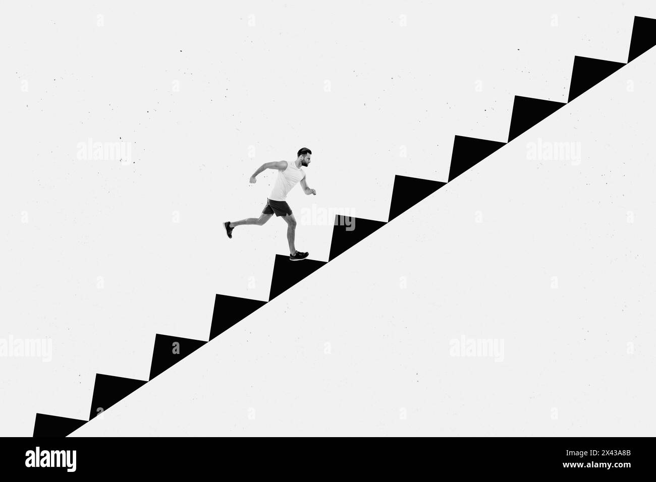 3D photo collage artwork sketch image of silhouette young sportive man run jump on stairs up high career promotion motivation success Stock Photo