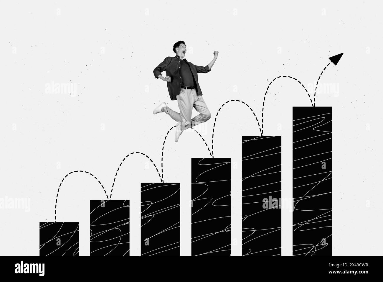 3D collage artwork sketch image of silhouette young confident man jump on career stairs up arrow show diretion motivated active worker Stock Photo