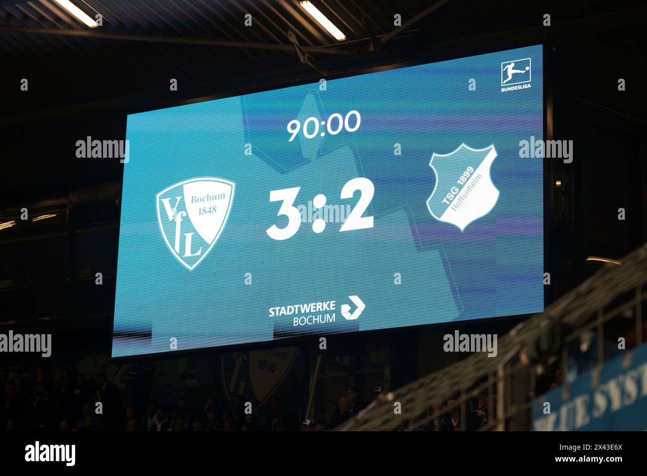 firo : 26.04.2024, football, football, 1.Liga, 1.Bundesliga, season 2023/2024, VfL Bochum 1848 - TSG Hoffenheim. 3:1 scoreboard with final result Stock Photo