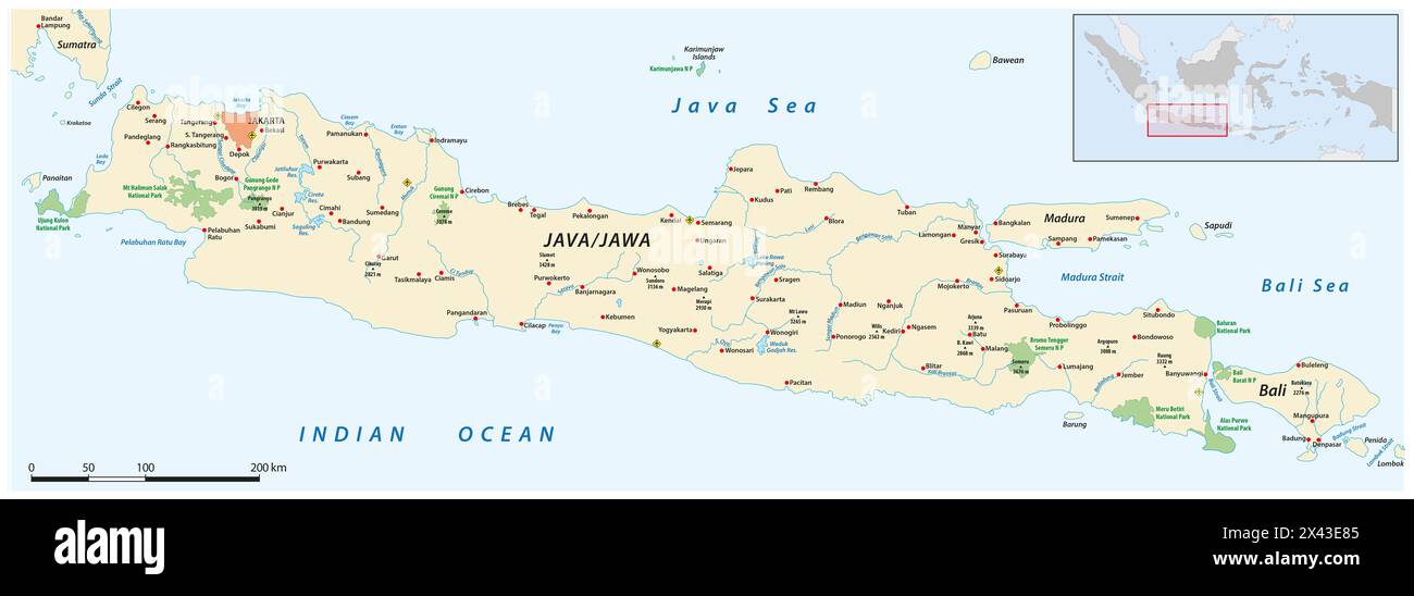 Vector map of the Indonesian islands of Java and Bali Stock Photo