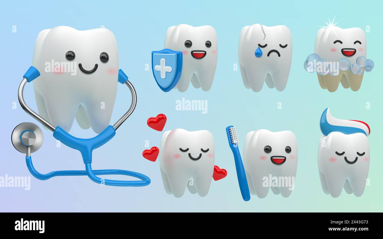 3D tooth. Teeth dentist icons. Smile dental kid character. Happy dentistry or dent care. Cheerful or sad faces. Molar cleaning with toothpaste and too Stock Vector