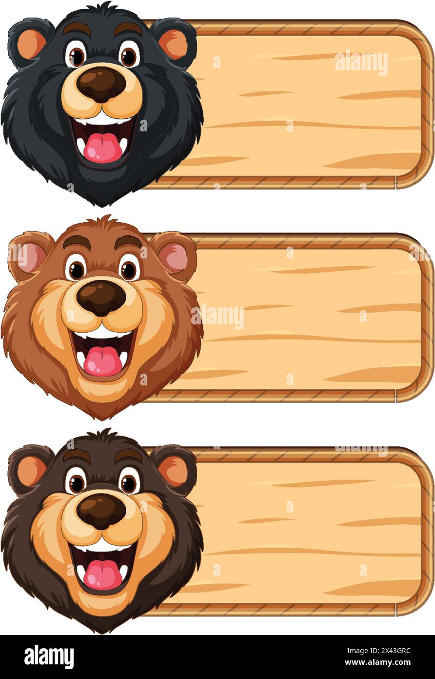 Three cheerful bears holding blank wooden signs Stock Vector Image ...