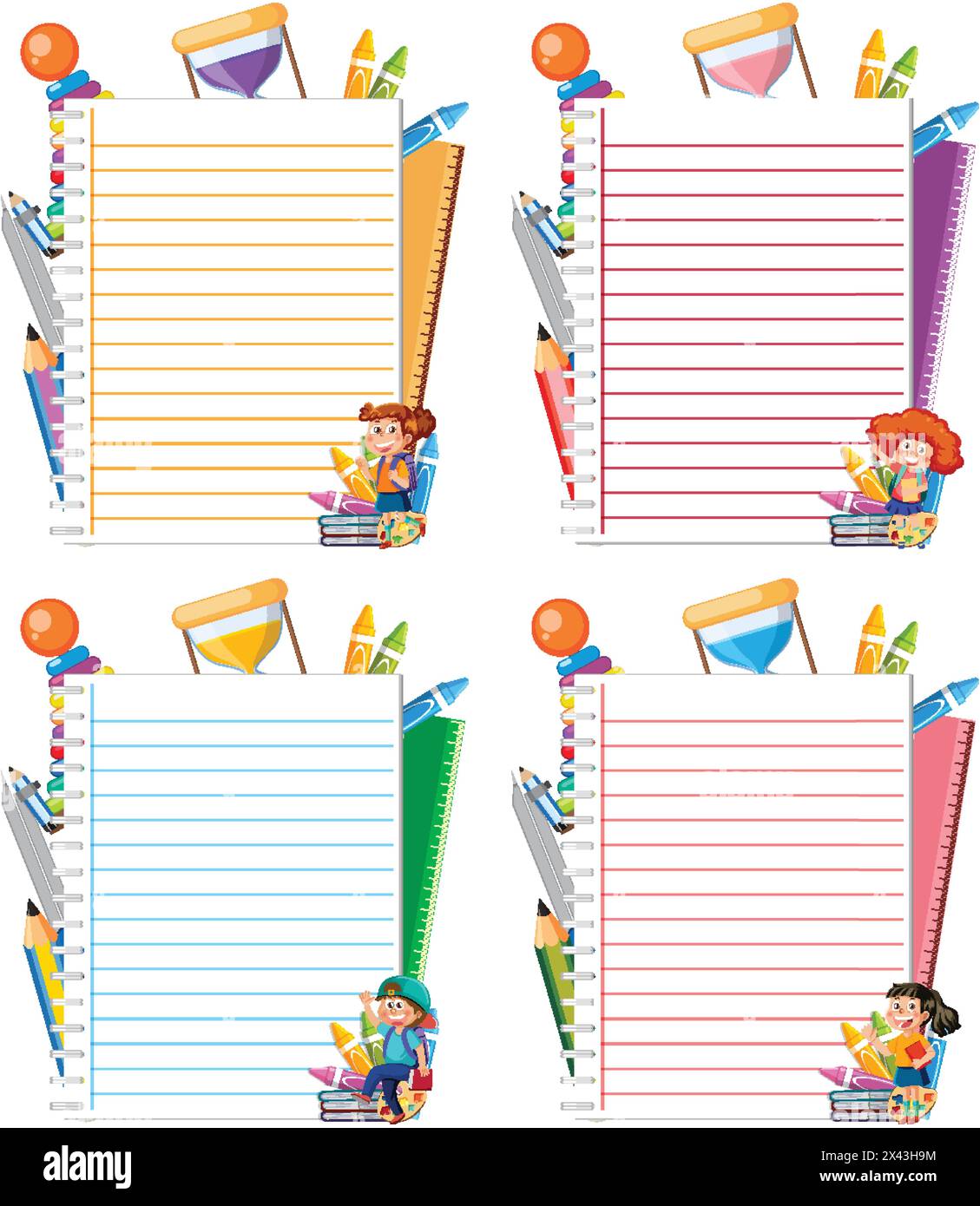 Illustrated notepads with vibrant school supplies. Stock Vector