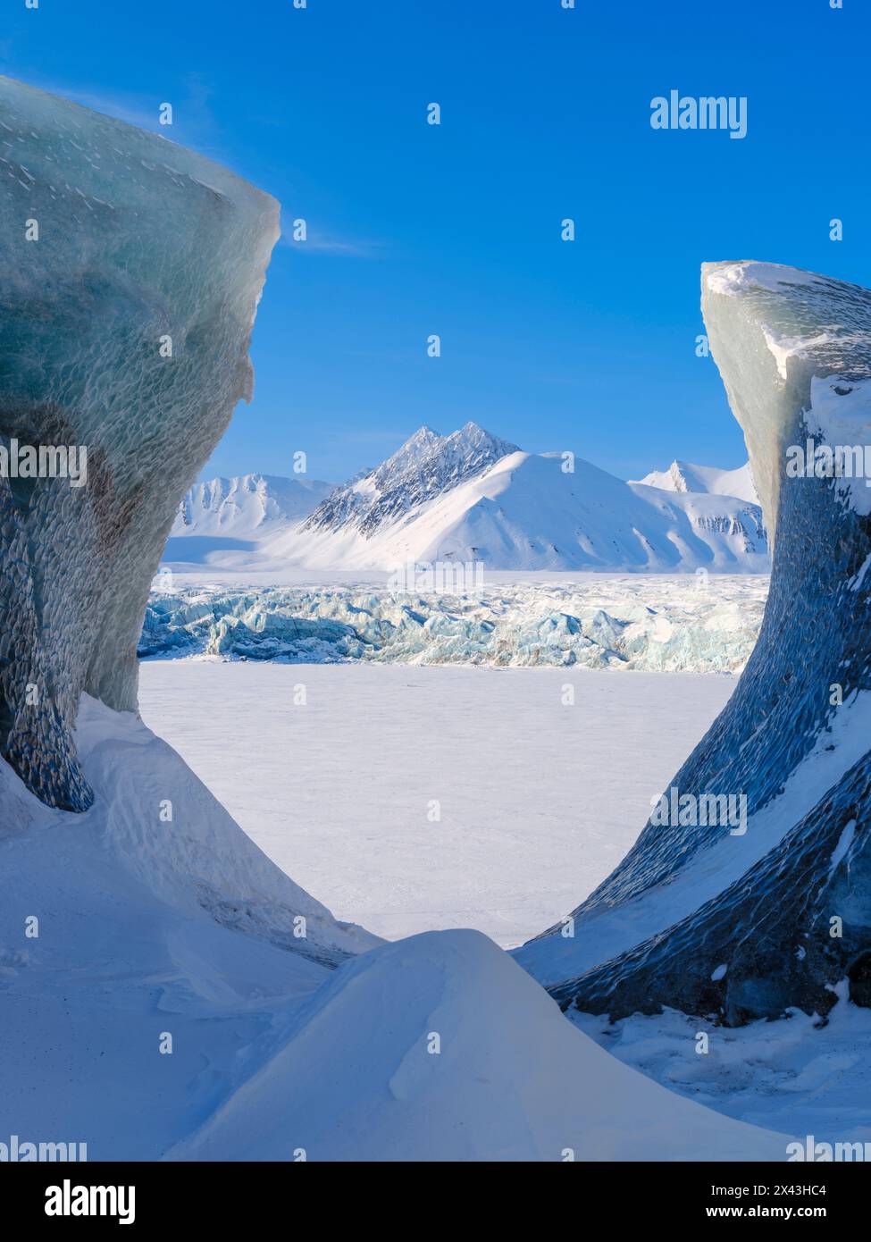 Serac, glacier Fridtjovbreen. Landscape in Van Mijenfjorden National Park, (former Nordenskiold National Park), Island of Spitsbergen. Stock Photo