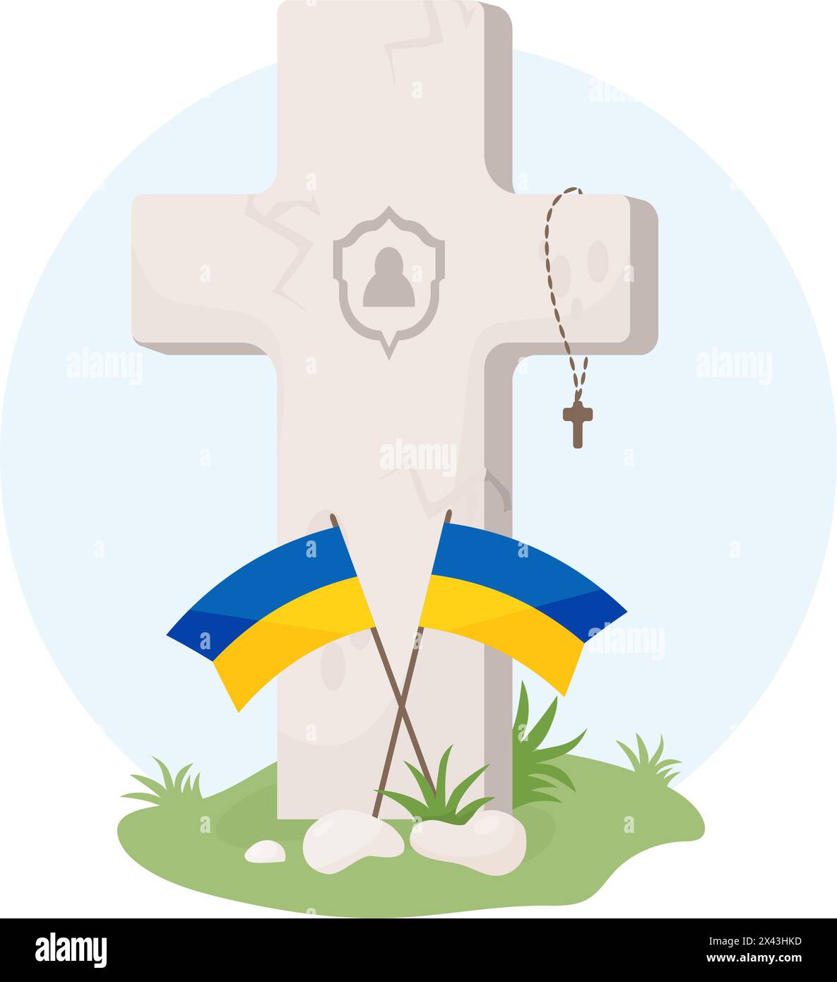 Grave stone cross with Ukrainian yellowblue flags. Memorial Day