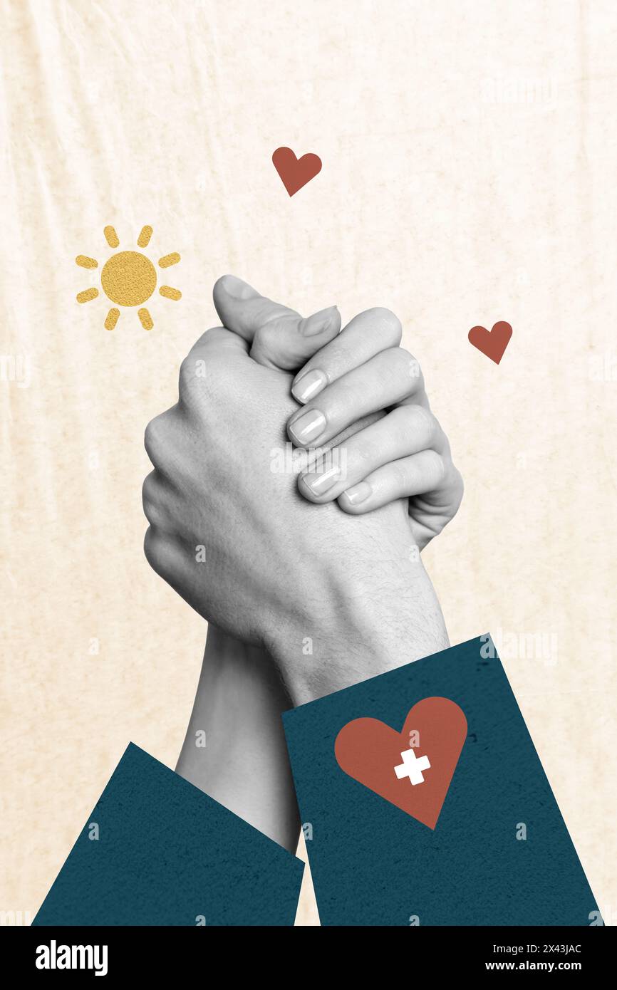 Composite collage of beige color background donation charity two hands ...