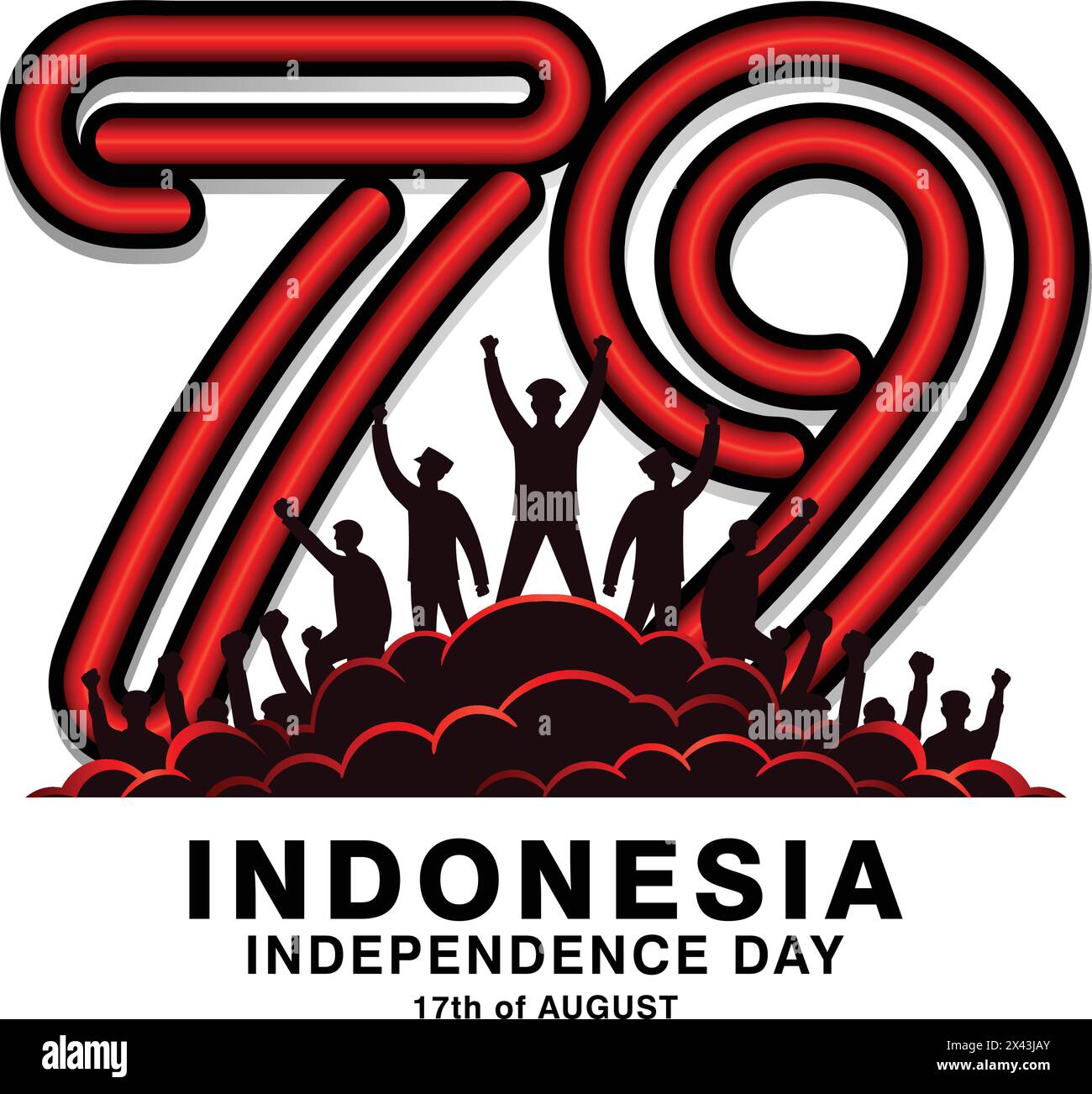 79th Indonesian Independence Day concept logo. Silhouette of people raising their hands on the cloud in front of 79 logo Stock Vector