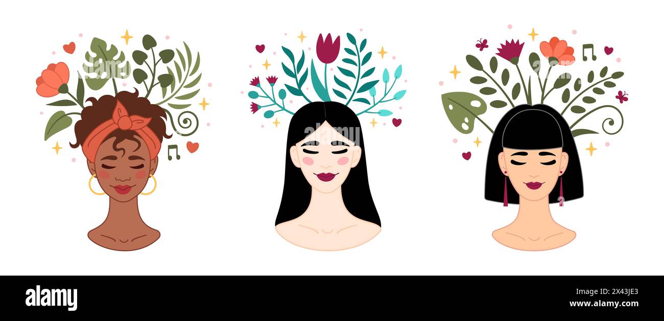 Smiling afro American, Latin, Asian woman accepts, loves herself. Mental health concept. Girl feels relaxed, confident. Flowers grow from woman head. Happiness, harmony, positive thinking, self care. Stock Vector