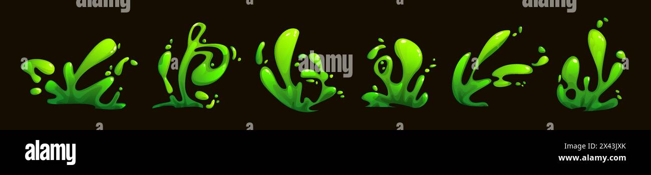 Green toxic liquid splash. Cartoon vector illustration set of slime ...