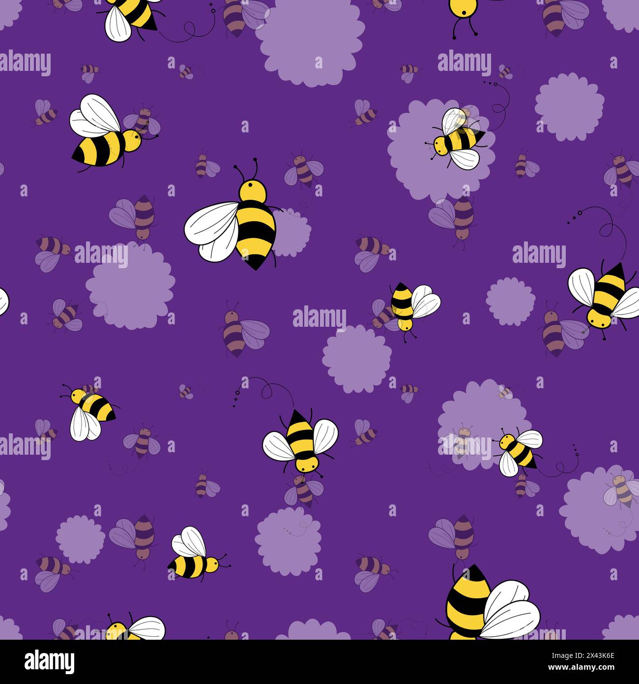 Seamless pattern vector bees illustration on purple background design Stock Vector