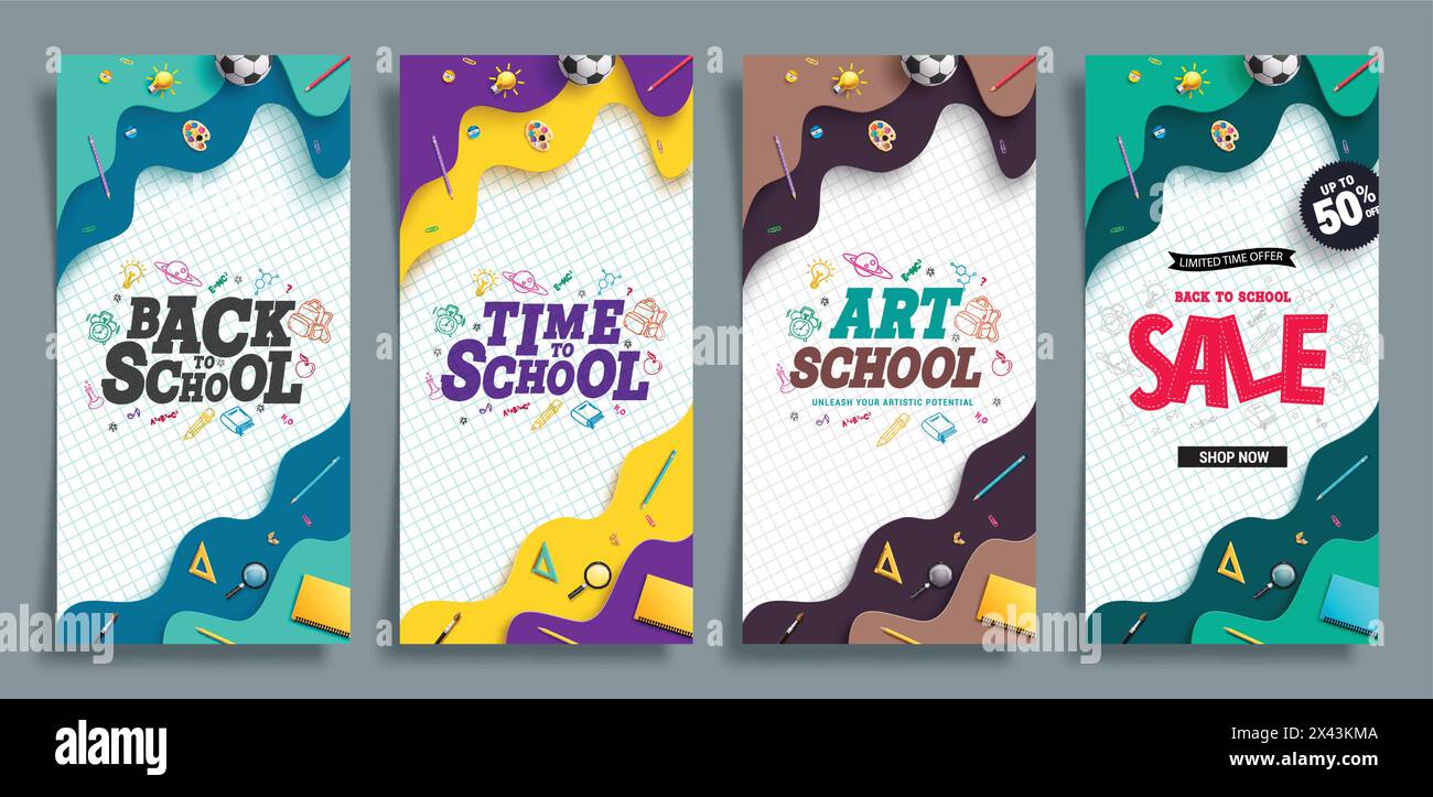 Back to school vector poster set design. Time to school, art school and ...