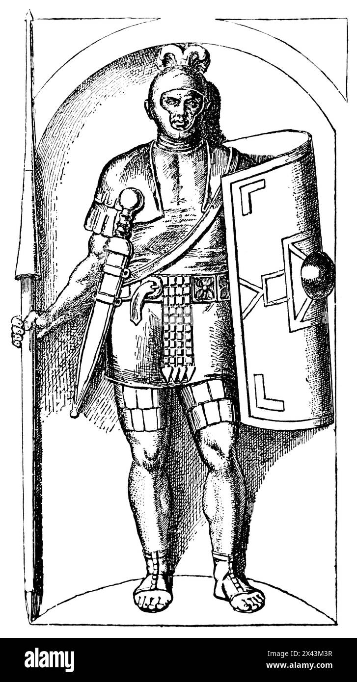 Legionnaire or legionary of the Roman Empire in complete armament, Italy, historic illustration 1884 Stock Photo