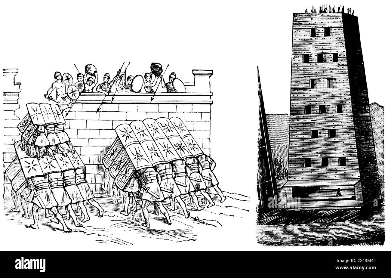 Double and simple wall of shield (left) and Roman siege tower, Roman Empire, Italy, historic illustration 1884 Stock Photo