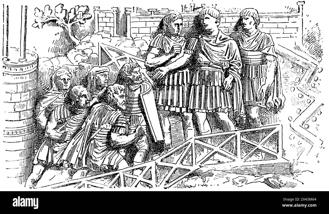 Emperor Traian at the Battle Dacian capital Sarmizegetusa or Sarmizegetuza in 106 AD, Romania, Roman Empire, Italy, historic illustration 1884 Stock Photo