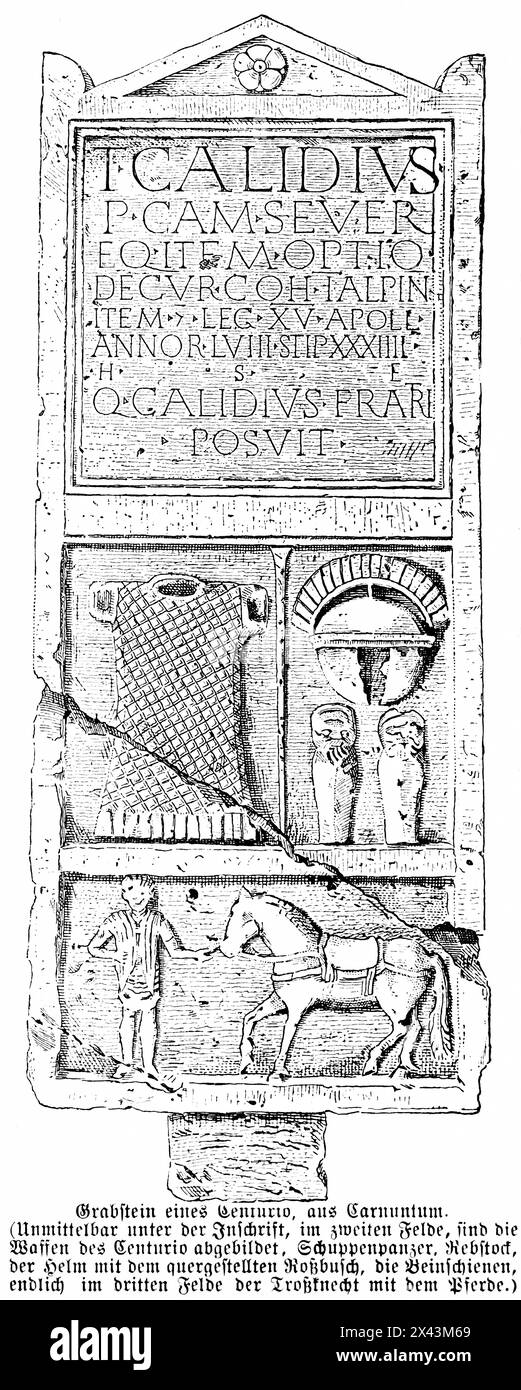 Tombstone of a Centurio with a crack, Carnatum, Italy,  Roman Empire, Italy, historic illustration 1884 Stock Photo