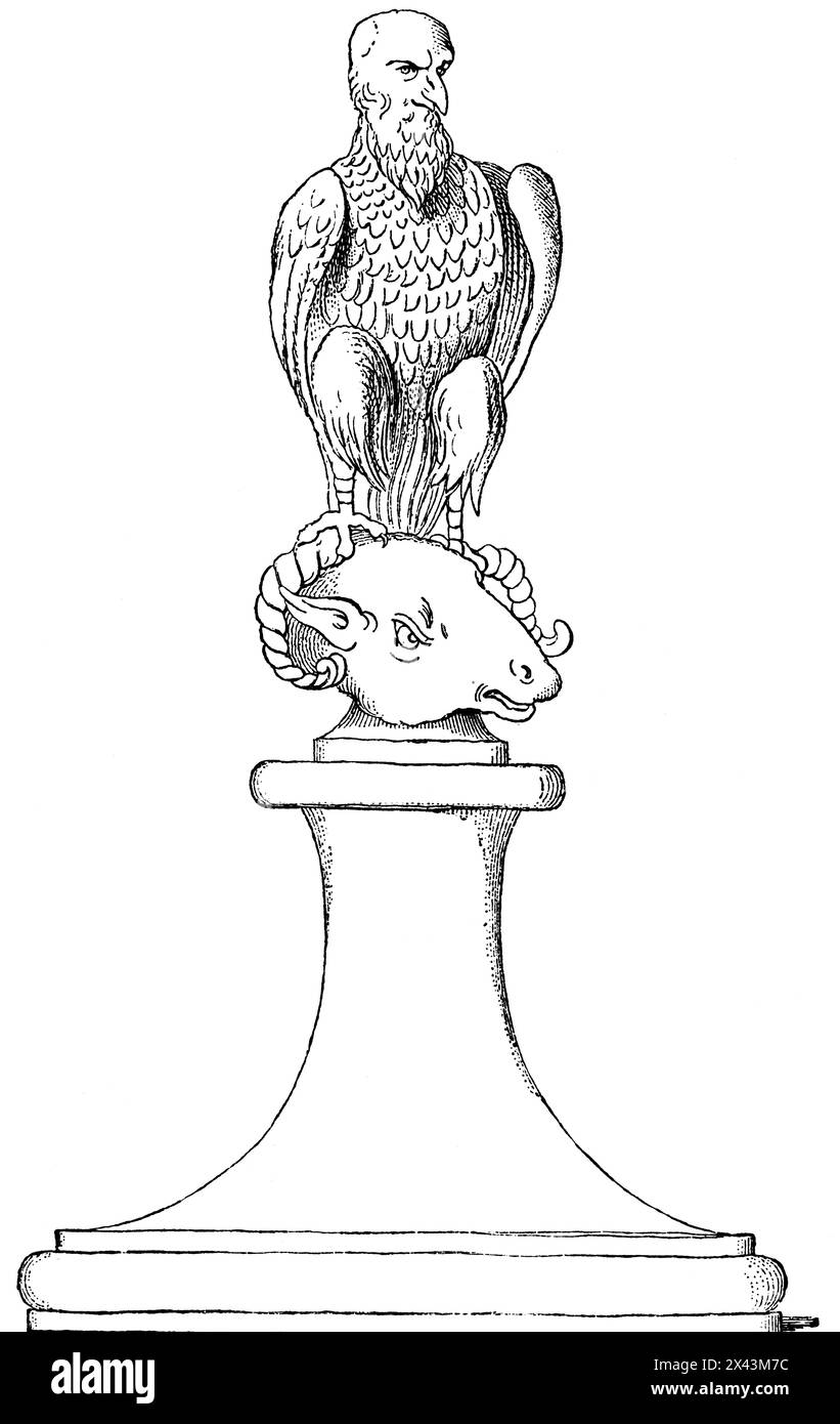 Eagle with a God´s face on a ram´s head,  a Syrian cult, Roman Empire, Italy, historic illustration 1884 Stock Photo