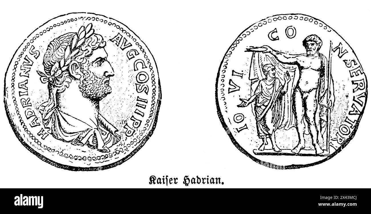 Coin with Emperor Hadrian, Roman Empire, Italy, historic illustration ...