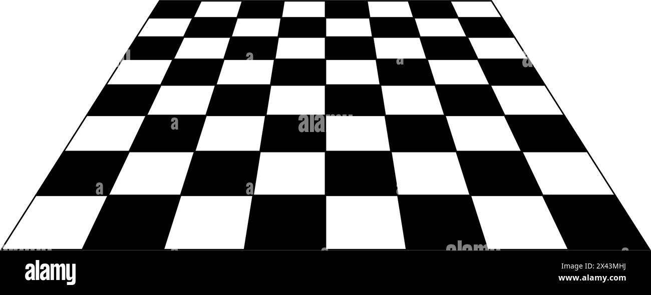 Empty chess board in perspective. Tiled floor angled point of view. Sloped checkerboard texture. Inclined board with black and white checkere pattern Stock Vector
