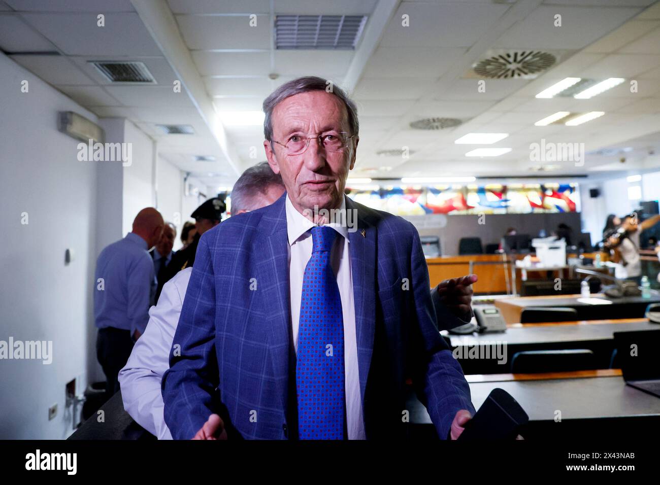 Gianfranco Fini  in aula per la lettura della sentenza al Processo Fini Tulliani per l&#x2019;acquisto della casa di Montecarlo - Cronaca  - Roma, Italia - Marted&#xec; 30 , Aprile 2024 (foto Cecilia Fabiano / LaPresse) Gianfranco Fini  at the court for the reading of the sentence about Fini - Tulliani Trial  News  - Rome, Italy -  Tuesday , 30 April   , 2024 (photo Cecilia Fabiano / LaPresse) Stock Photo