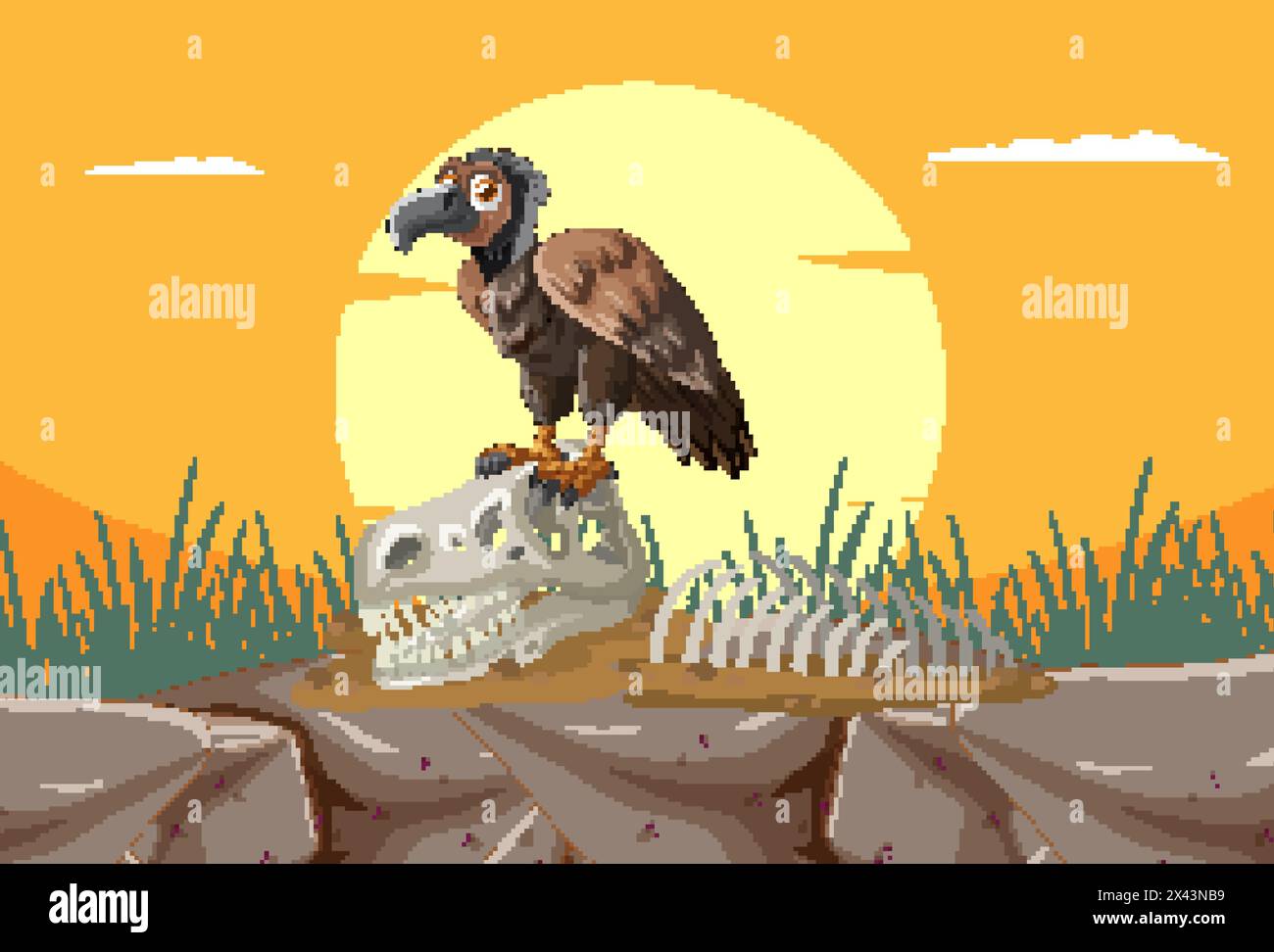 Cartoon vulture on skeleton in arid landscape Stock Vector