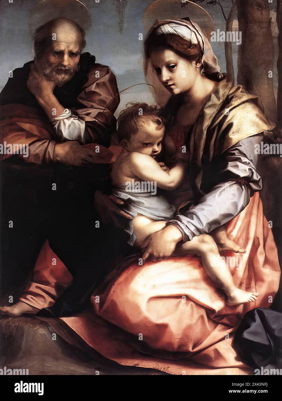 ANDREA DEL SARTO (b. 1486, Firenze, d. 1530, Firenze)  Holy Family (Barberini) c. 1528 Oil on panel, 140 x 104 cm Galleria Nazionale d'Arte Antica, Rome  In his biography of Andrea del Sarto, Vasari mentions this painting right after a panel of the same subject painted for Zanobi Bracci. The latter picture survives: given to Cardinal Ferdinando de Medici it is now in the Galleria Palatina at the Palazzo Pitti in Florence. The picture now in Rome, painted for the same Zanobi, was originally installed in the chapel of the Villa di Rovezzano.  Numerous copies of this celebrated work exist. Art hi Stock Photo