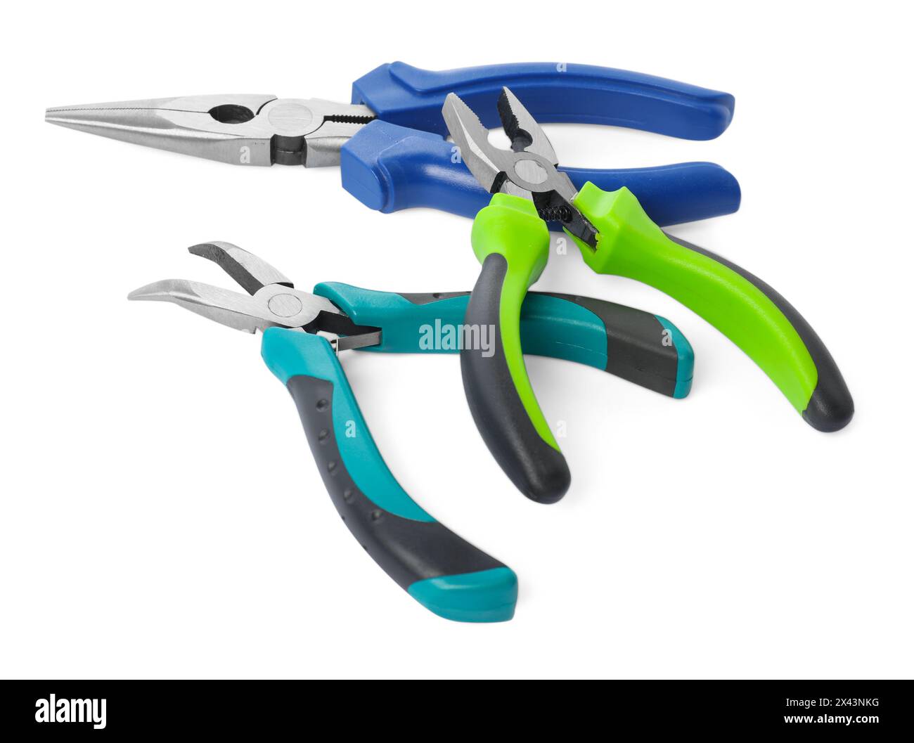 Different pliers isolated on white. Construction tool Stock Photo