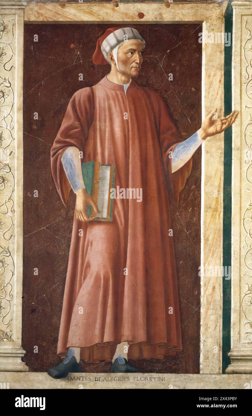 ANDREA DEL CASTAGNO (b. 1423, Castagno, d. 1457, Firenze)  Famous Persons: Dante Allighieri c. 1450 Fresco, transferred to wood, 250 x 154 cm Galleria degli Uffizi, Florence  The picture shows one of the three Tuscan poets represented in the cycle.  Dante Alighieri (1265-1321) is Italy's greatest poet and also one of the towering figures in western European literature. He is best known for his monumental epic poem, La commedia, later named La divina commedia (The Divine Comedy).       --- Keywords: --------------  Author: ANDREA DEL CASTAGNO Title: Famous Persons: Dante Allighieri Time-line: 1 Stock Photo