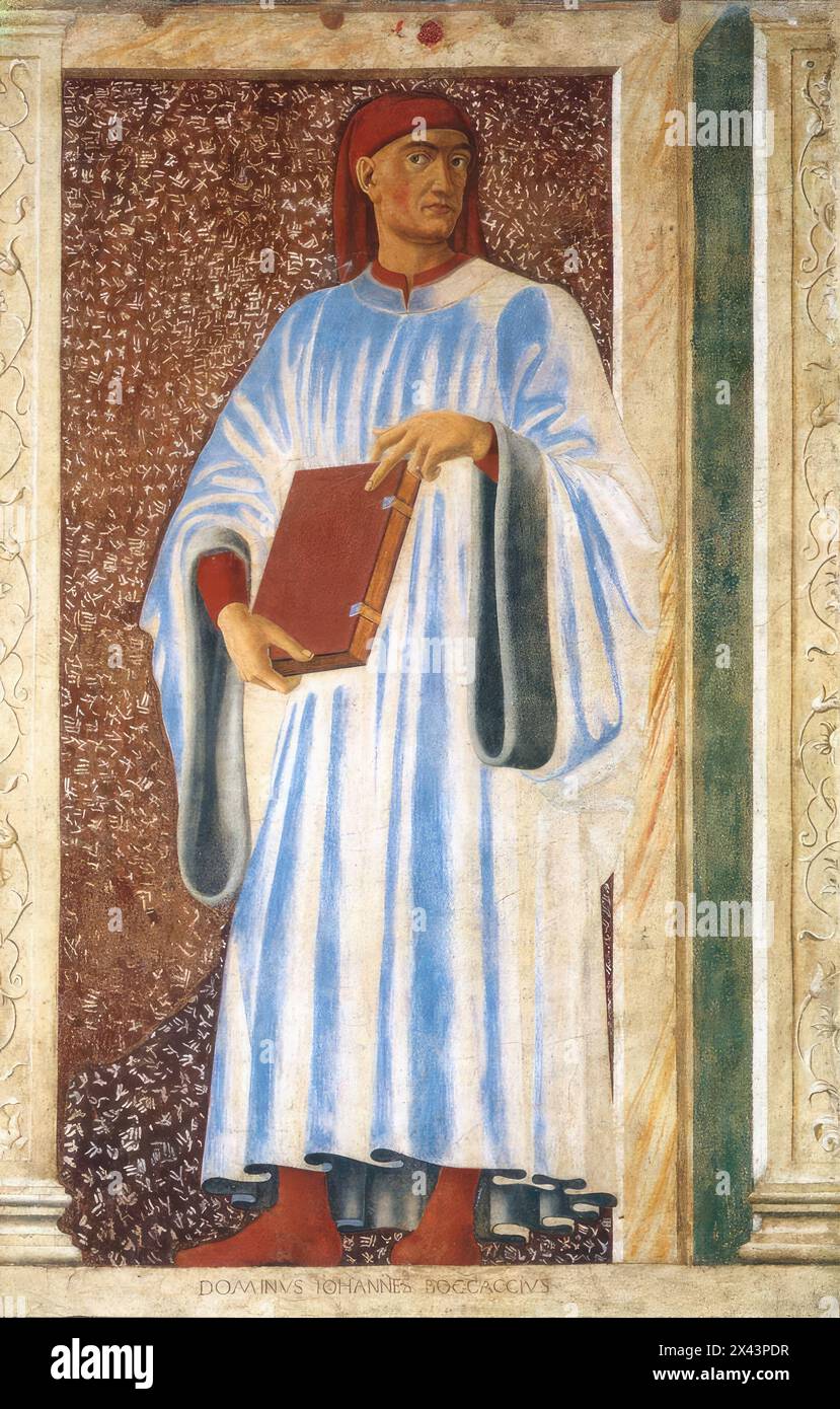 ANDREA DEL CASTAGNO (b. 1423, Castagno, d. 1457, Firenze)  Famous Persons: Giovanni Boccaccio c. 1450 Fresco transferred to wood, 250 x 154 cm Galleria degli Uffizi, Florence  The picture shows one of the three Tuscan poets represented in the cycle.  Giovanni Boccaccio (1313-1375), was an Italian poet and scholar, best remembered as the author of the earthy tales in the Decameron. With Petrarch he laid the foundations for the humanism of the Renaissance and raised vernacular literature to the level and status of the classics of antiquity.       --- Keywords: --------------  Author: ANDREA DEL Stock Photo
