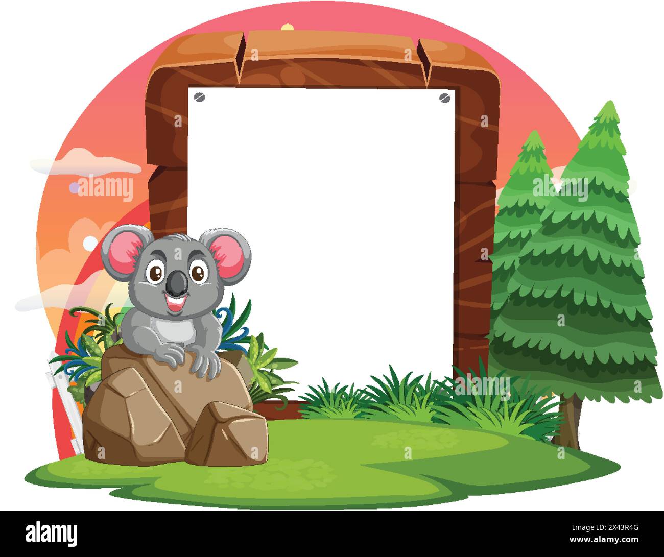 Cartoon koala sitting by a wooden sign outdoors Stock Vector Image ...
