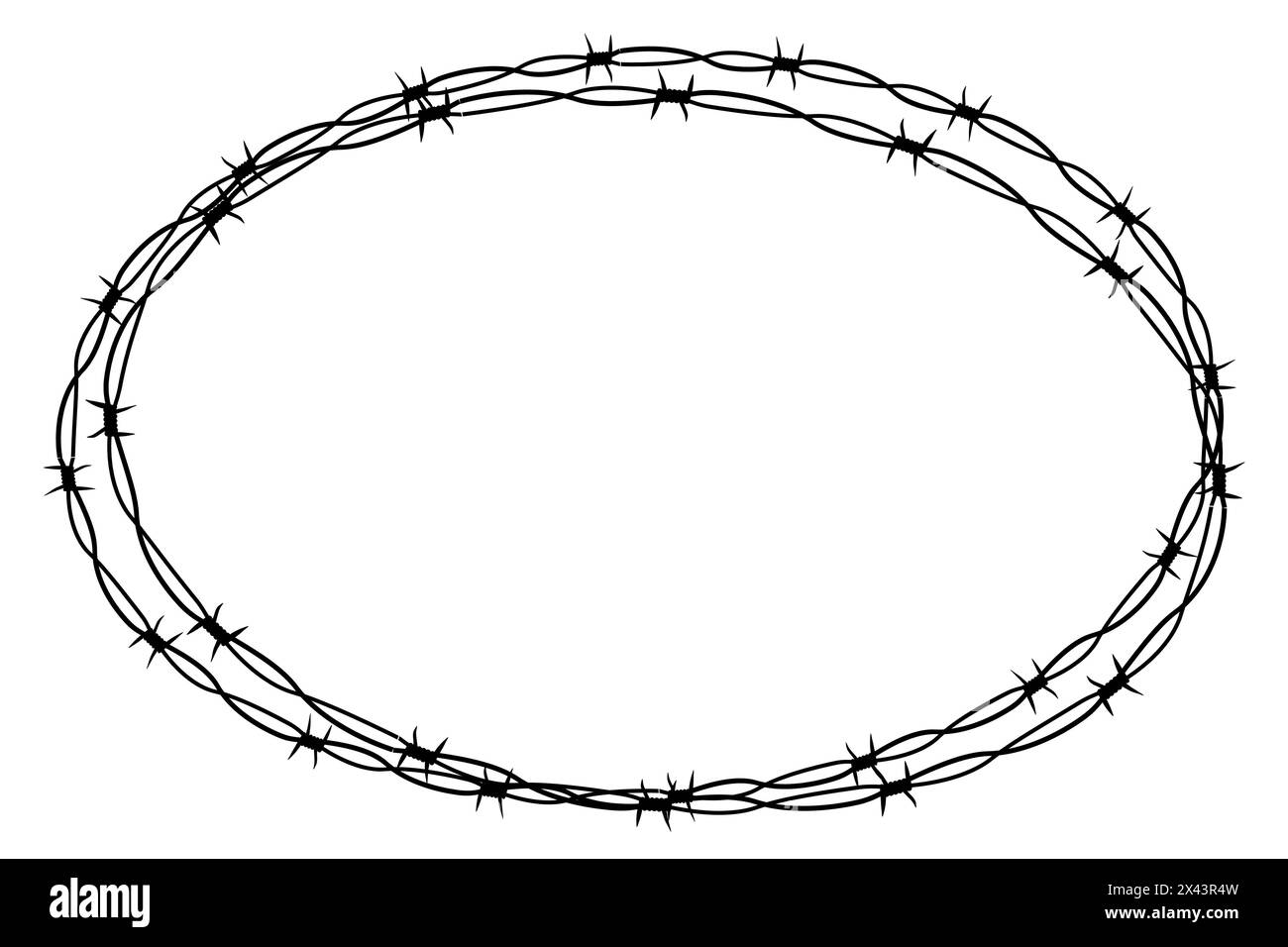 Barbed wire twisted ring y2k, round border tattoo, gothic textured steel frame, spiky oval barrier, silhouette isolated on white background. Vector illustration Stock Vector