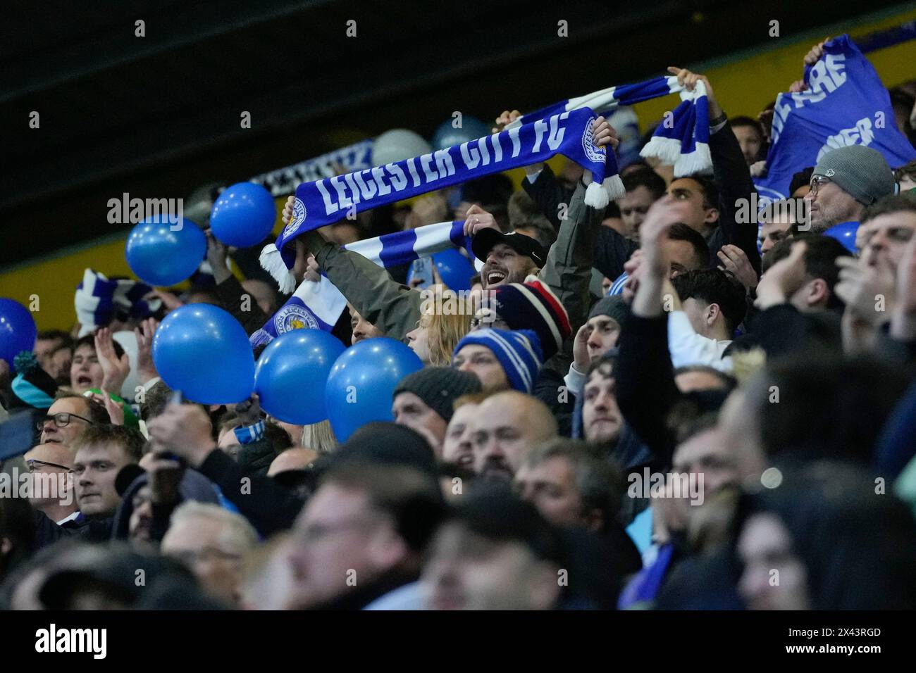 Leicester City fans cheer on their side during the Sky Bet Championship match Preston North End vs Leicester City at Deepdale, Preston, United Kingdom, 29th April 2024  (Photo by Steve Flynn/News Images) Stock Photo