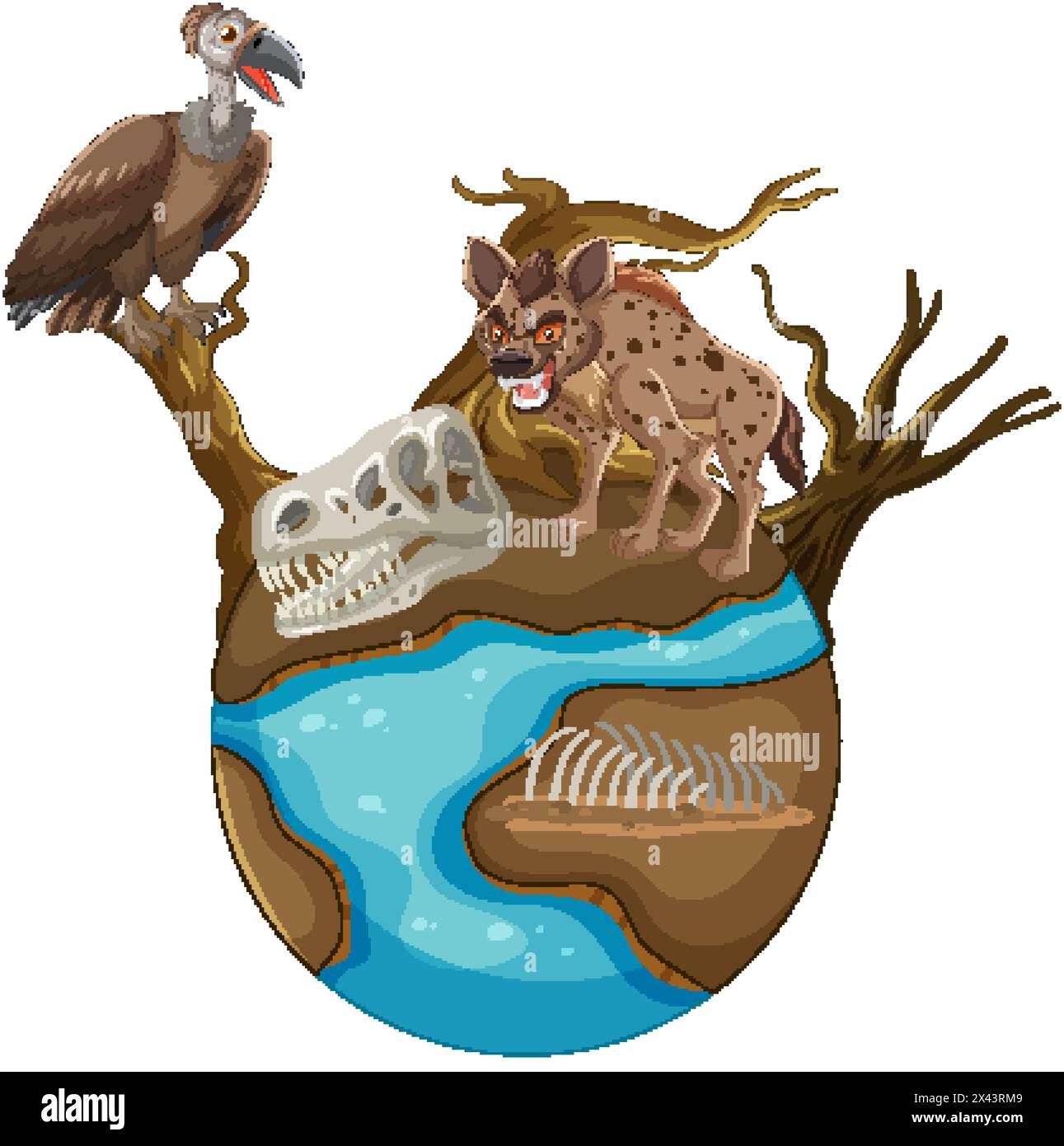 Hyena, vulture, and fossils on a tiny planet. Stock Vector