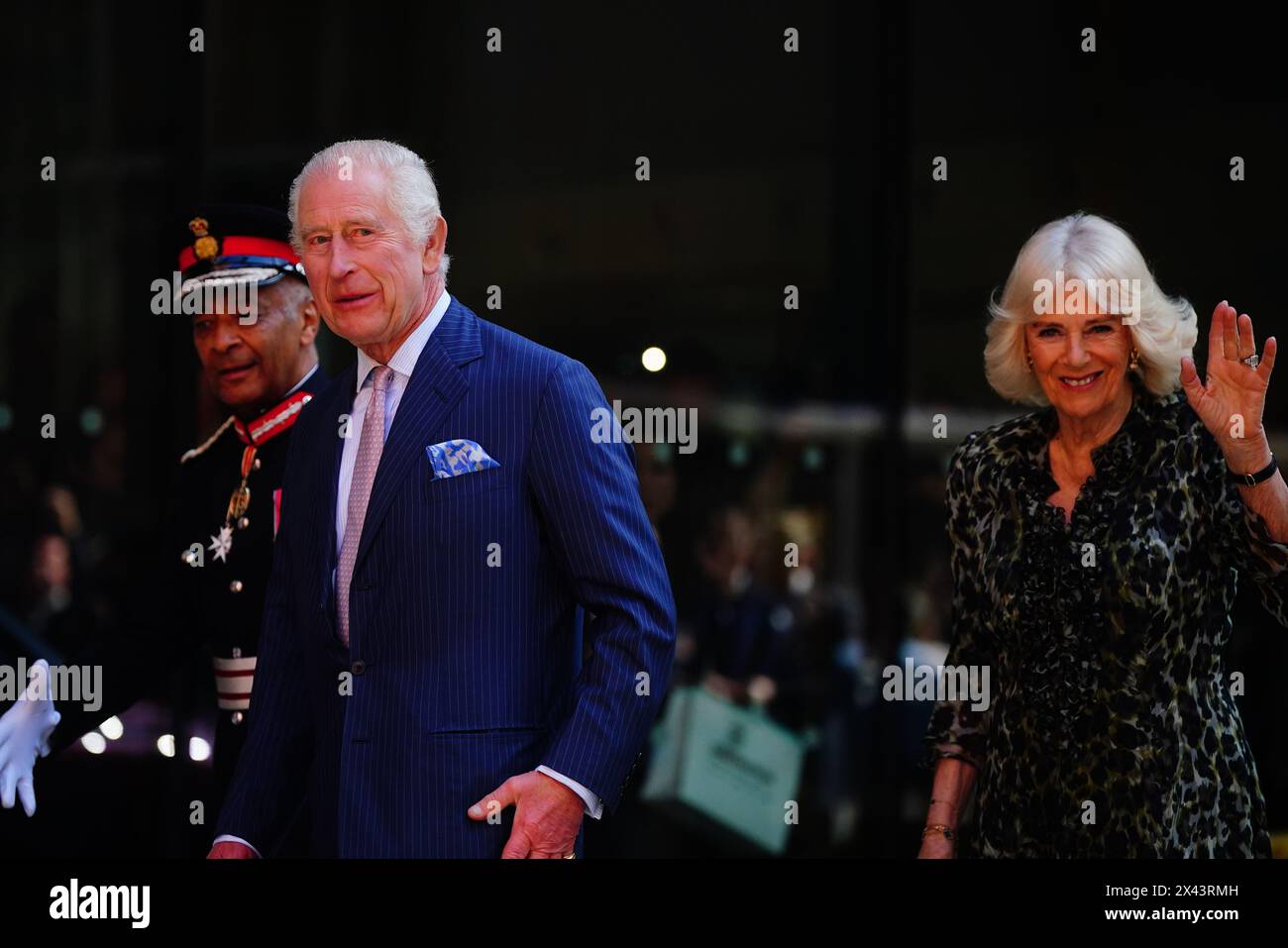 King Charles III, patron of Cancer Research UK and Macmillan Cancer Support, and Queen Camilla, arriving for a visit to University College Hospital Macmillan Cancer Centre, London, to raise awareness of the importance of early diagnosis and highlight some of the innovative research which is taking place at the centre. Picture date: Tuesday April 30, 2024. Stock Photo